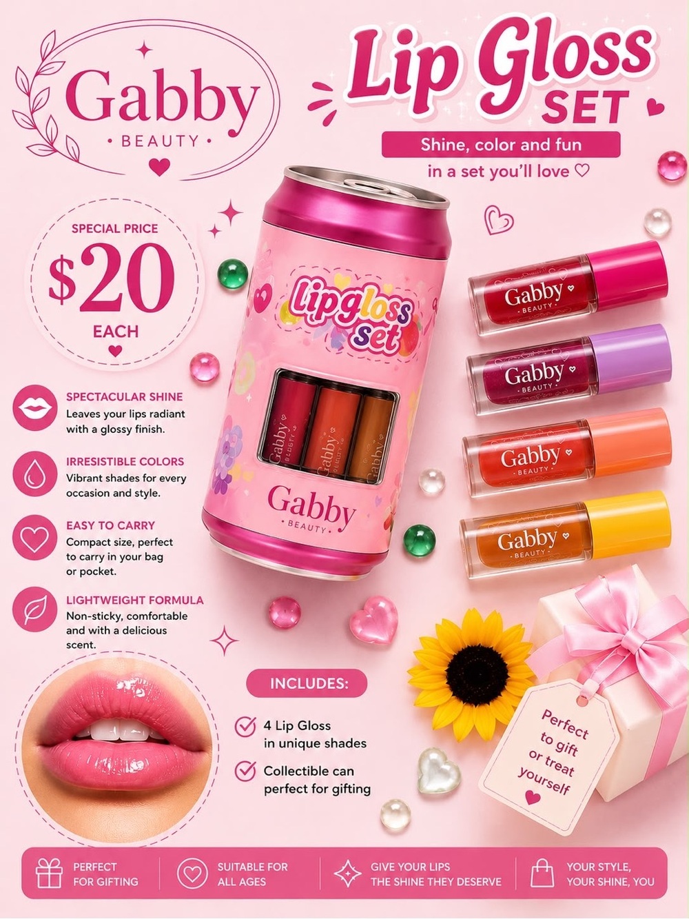 Gabby Beauty Pink Lip Gloss Set - 4 Shimmer Shades